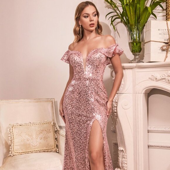 NEW LONG BLUSH OFF THE SHOULDER SEQUIN DRESS WITH ZIPPER BACK AND SLIT CD CH167